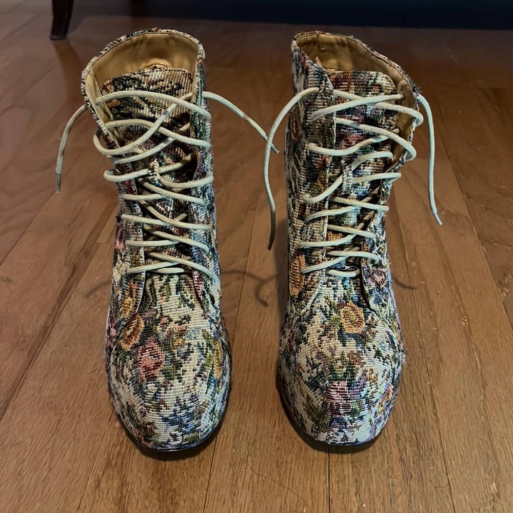 GoJane Platform Heeled Floral Tapestry Booties